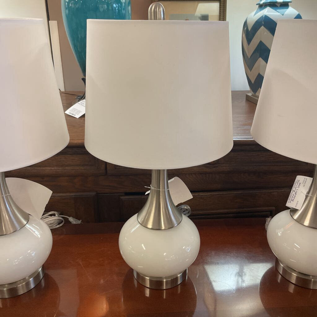 360 Lighting Serrena White Glass Brushed Nickel Table Lamp