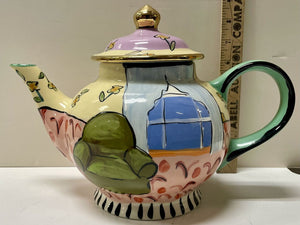 Droll Designs Livingroom Bright Colorful Gold Trim Teapot