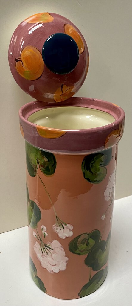 Droll Designs Peaches and Blossoms Lidded Jar 12"
