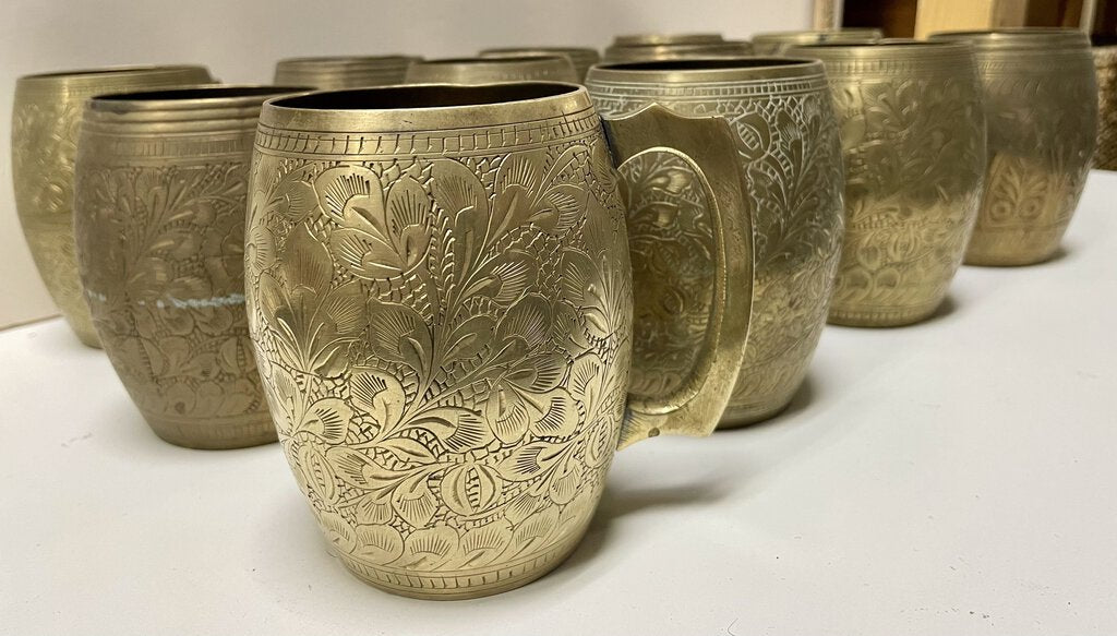 Vintage Etched Copper Tin Lined Mugs (Set of 12 w/ Case)