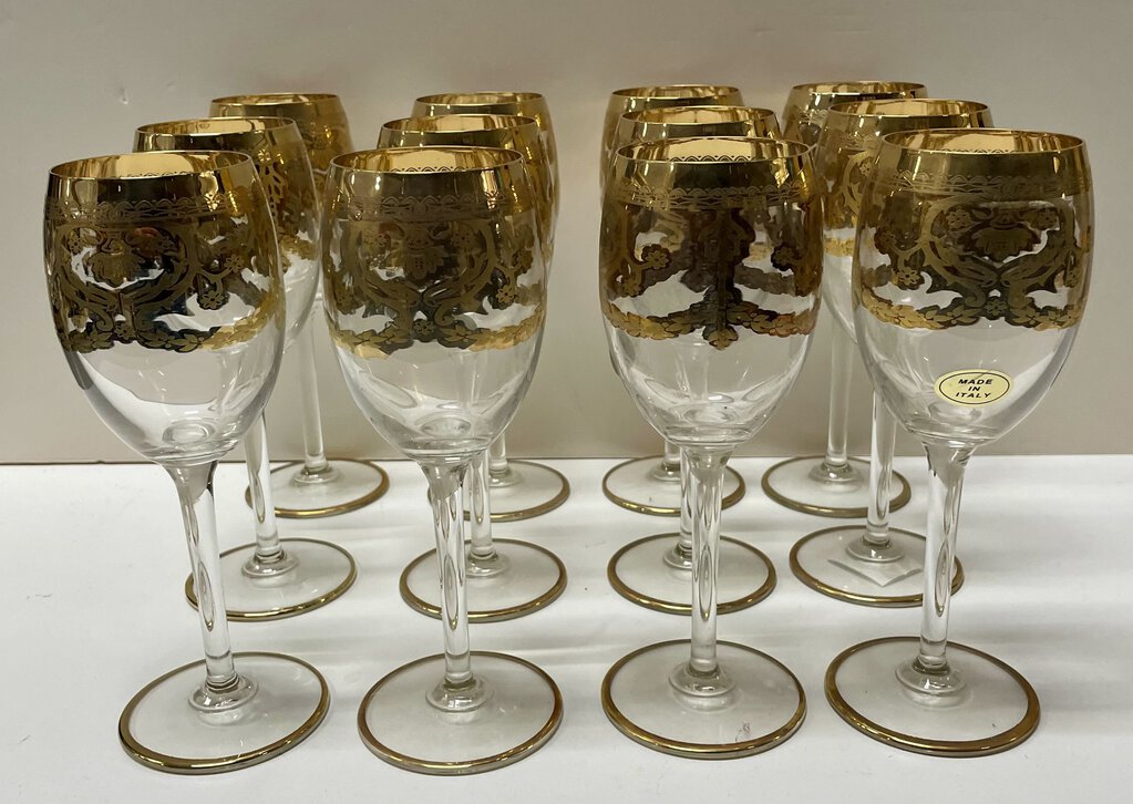 J. Preziosi Italian Gilded Stemmed Wine Glass Set of 12 w/ Case