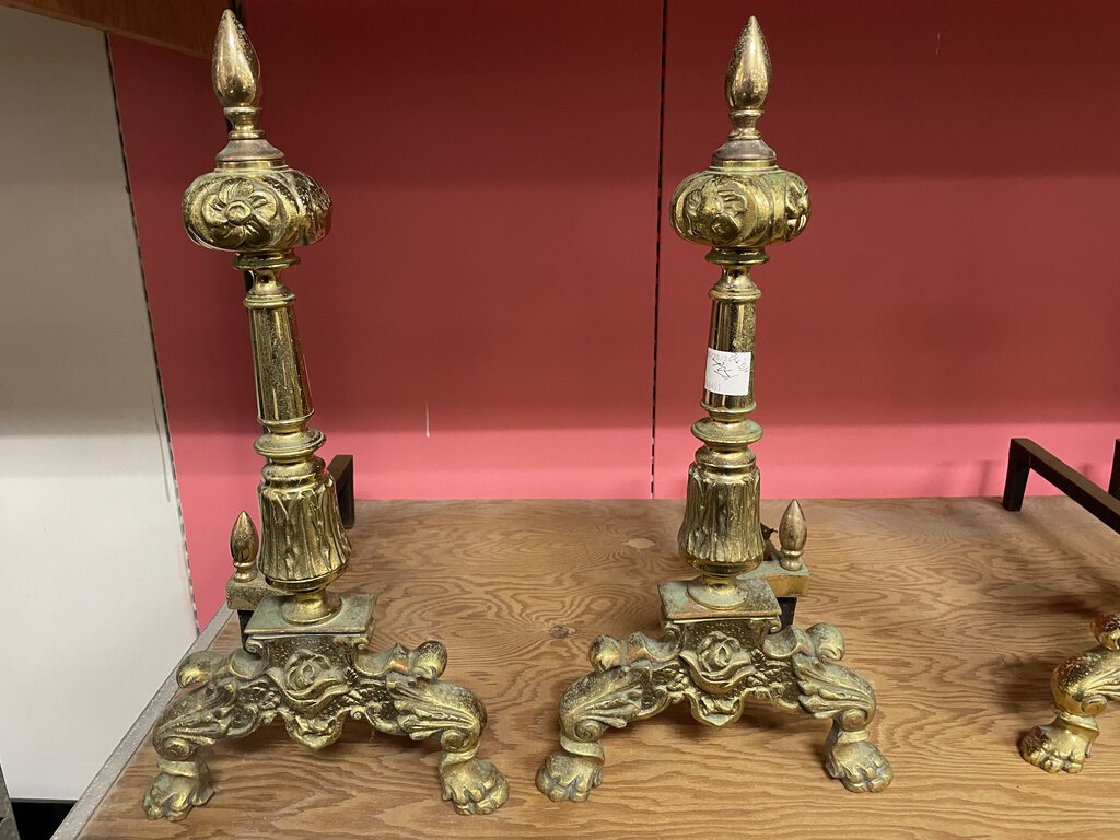 Brass and Iron Floral Motif Andirons (PAIR)