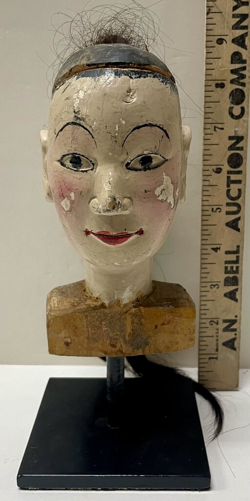 Antique Chinese Puppet Head Hand Carved and Painted on Base