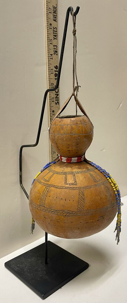 African Folk Art Beaded Gourd w/ Display Hanger