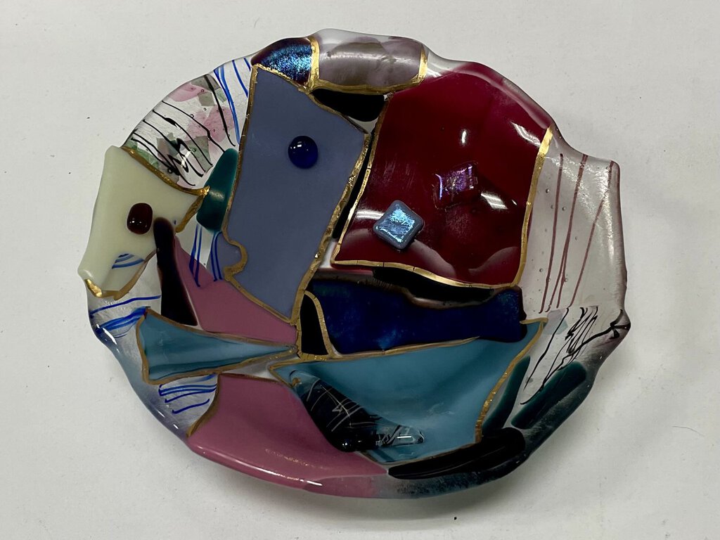 Abstract Multi Color Hand Made Glass Bowl Signed Catlou