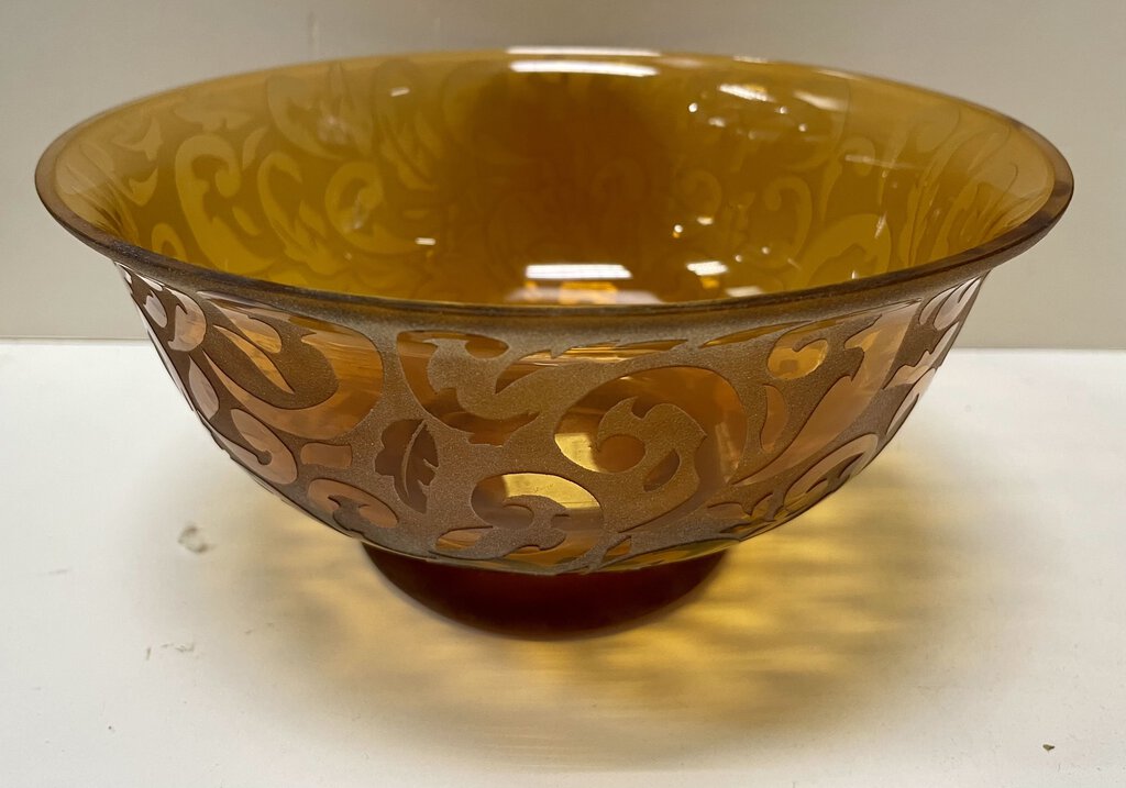 Vintage Frosted Etched Amber Footed Glass Bowl