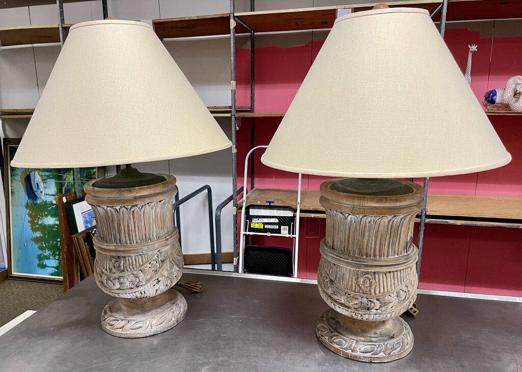 Victorian Urn Style Carved White Washed Lamps (PAIR)
