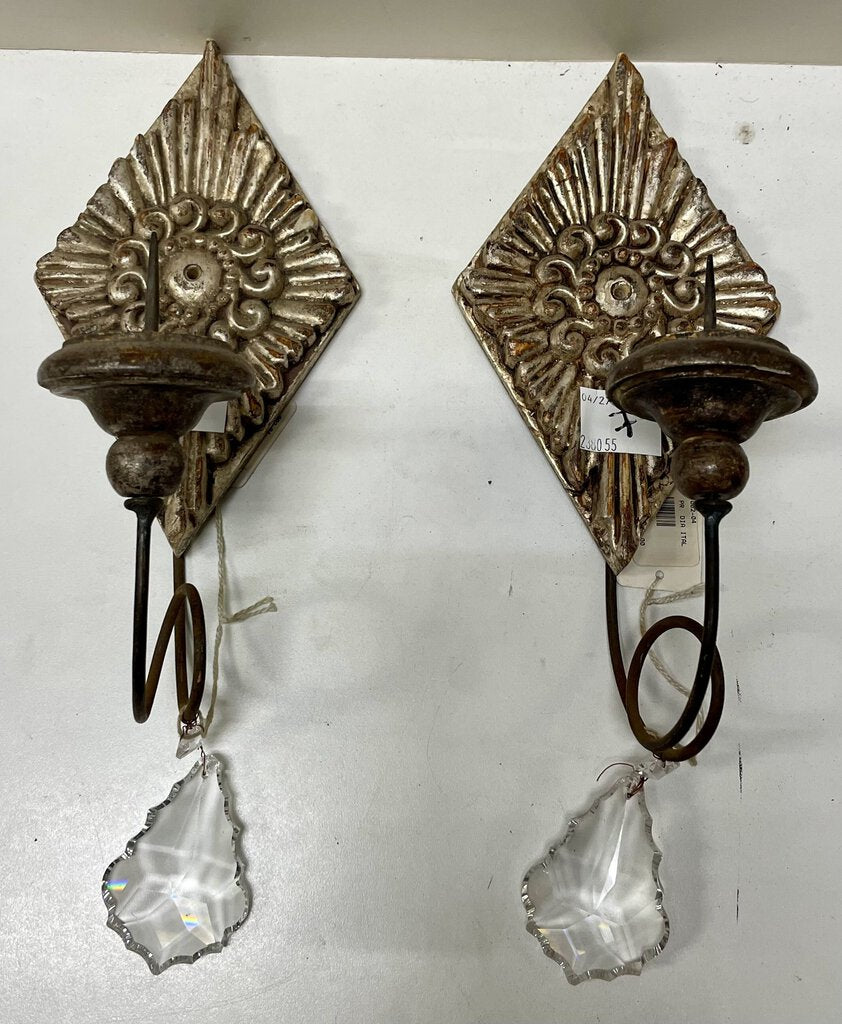 Italian Wood Plaster Carved Crystal Accent Candle Sconces (PAIR)