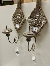 Italian Wood Plaster Carved Crystal Accent Candle Sconces (PAIR)