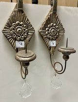 Italian Wood Plaster Carved Crystal Accent Candle Sconces (PAIR)