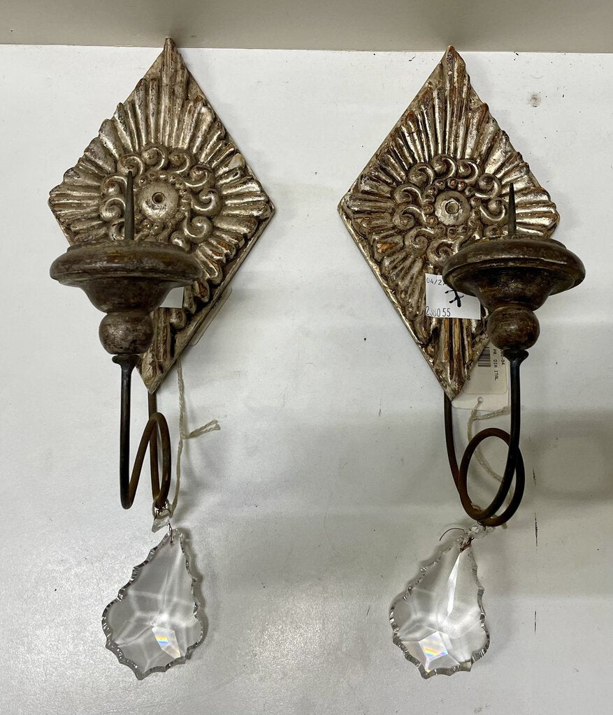 Italian Wood Plaster Carved Crystal Accent Candle Sconces (PAIR)