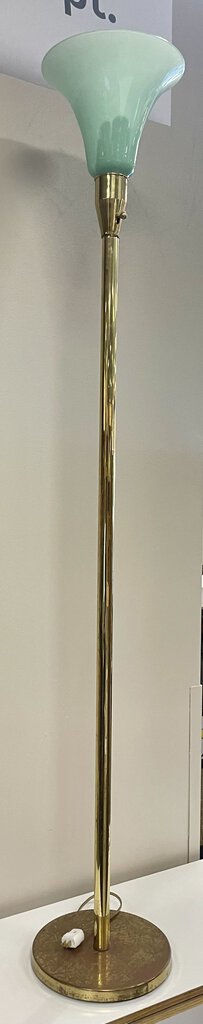 MCM Green Glass Torchier Style Brass Floor Lamp