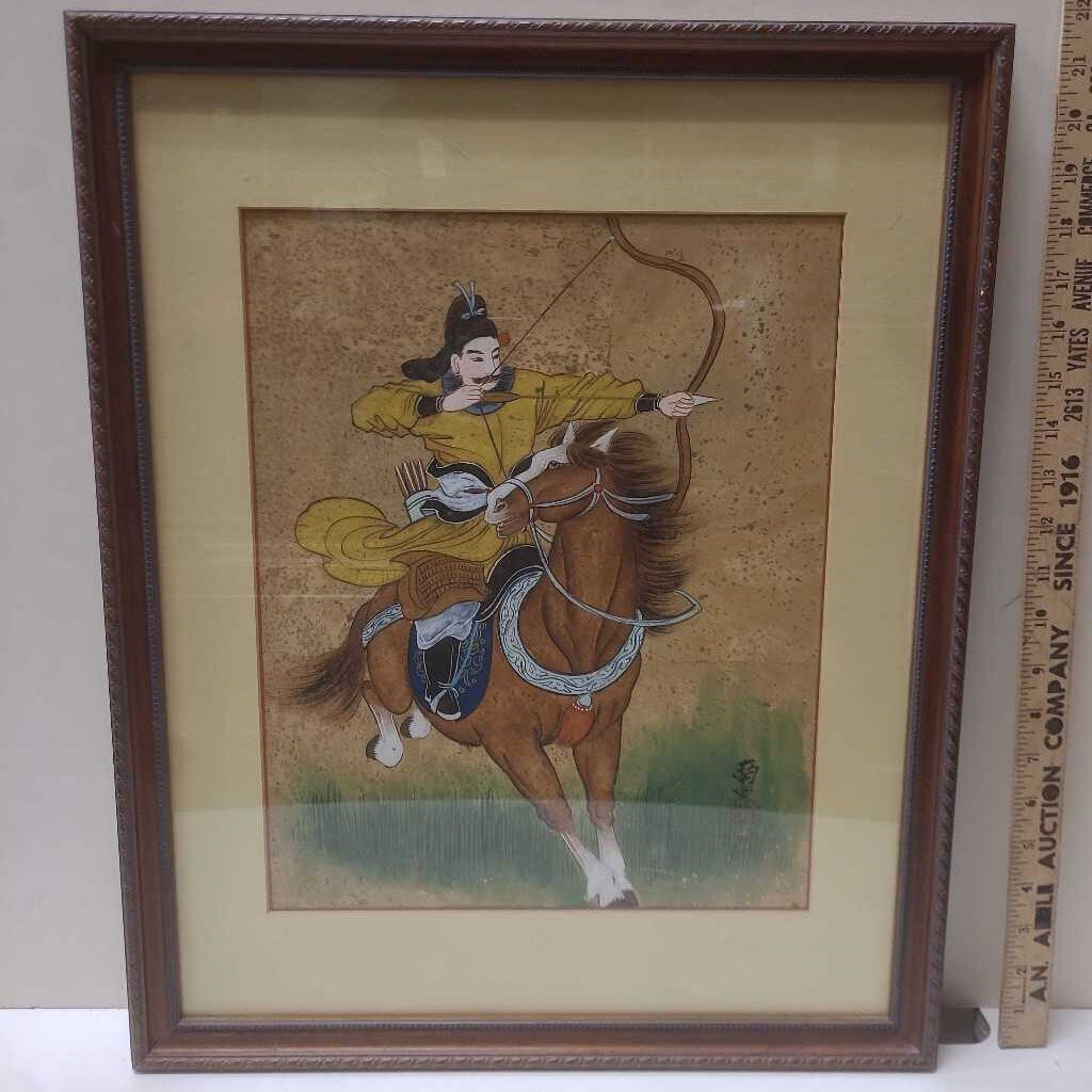 Chinese Tempera Cork/Gold Leaf Horse W Bow Painting 18x22