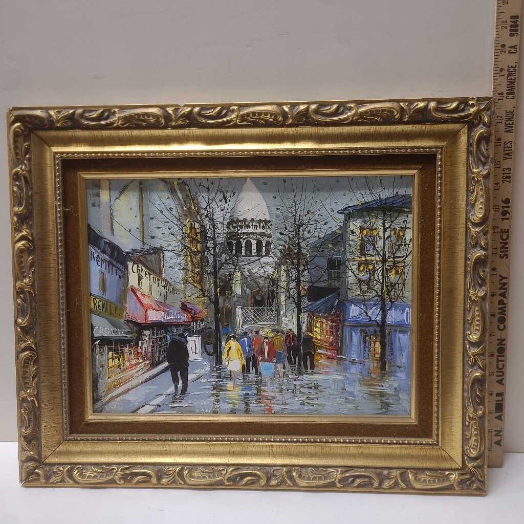 European Gilt Framed Rainy Day Scene Acrylic on Canvas 18x22