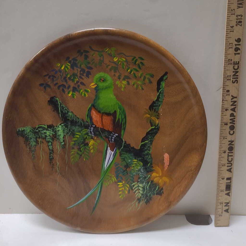 Hand Painted Acacia Wood Plate - Green Macaw