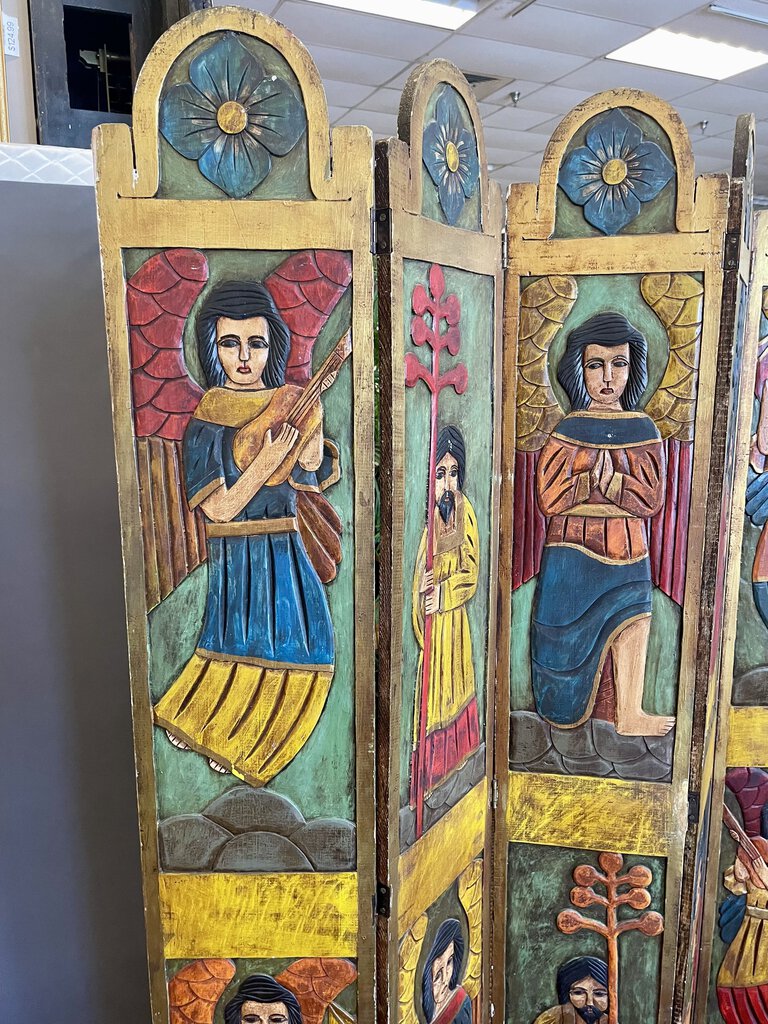 Vintage Hand Carved and Painted Santos 5 Panel Screen