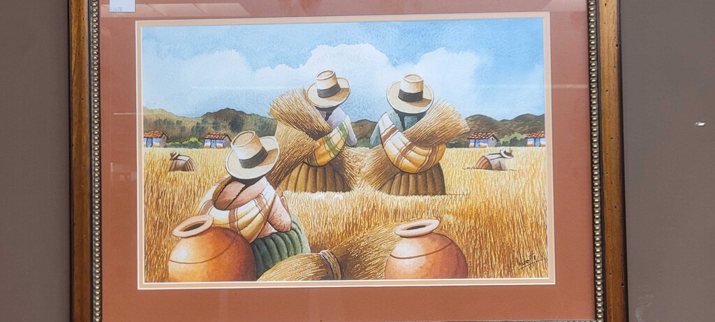 South American Women In Straw Field Watercolor