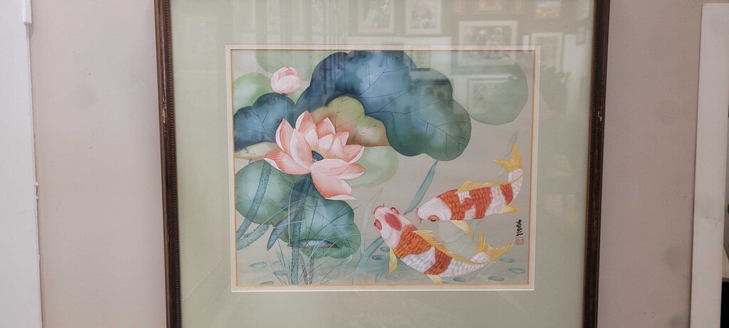 Vintage Lotus Koi Fish Silkscreen Painting 19x22