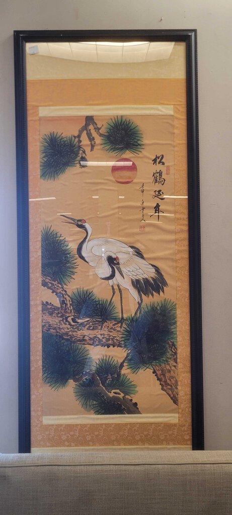 Two Cranes on Pine Branch Silk Scroll Painting 61x24