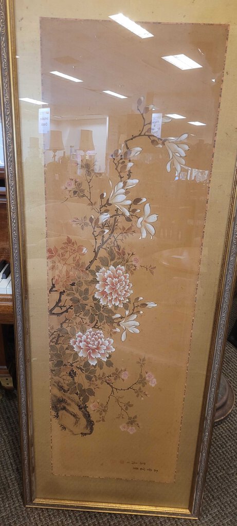 Vintage Peony & Blossoms Chinese Painted Scroll 22x58