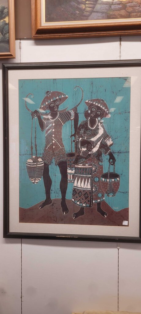 Kenyan Batik Tribal Folk Art W Shoulder Baskets 35x43