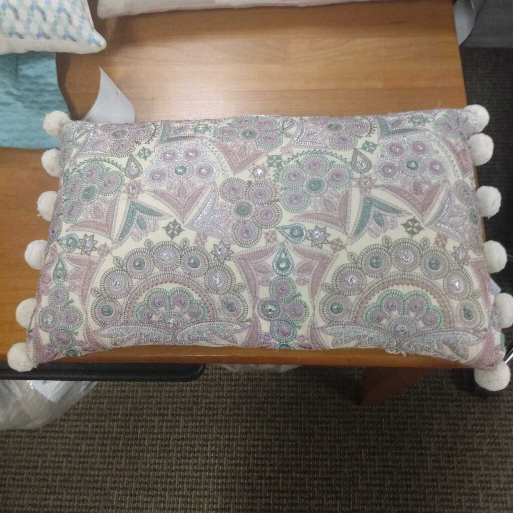 Embroidered Lavender-Green-Silver Lumbar Pillow