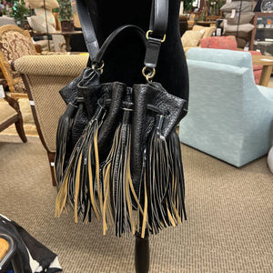 Sara Battaglia Black Leather Fringe Bucket Bag
