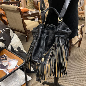 Sara Battaglia Black Leather Fringe Bucket Bag