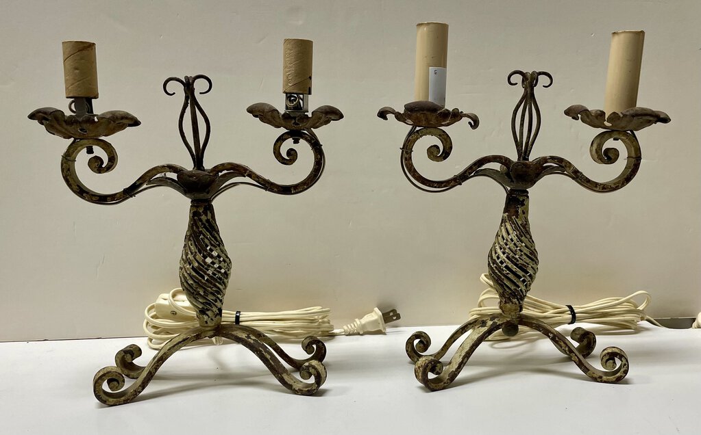 Spanish Colonial Wrought Iron Candelabra Conversion Table Lamps (PAIR)