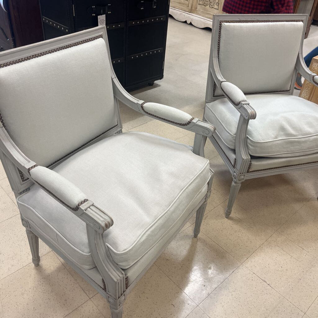 Pale Blue Upholstered French Arm Chairs Pair