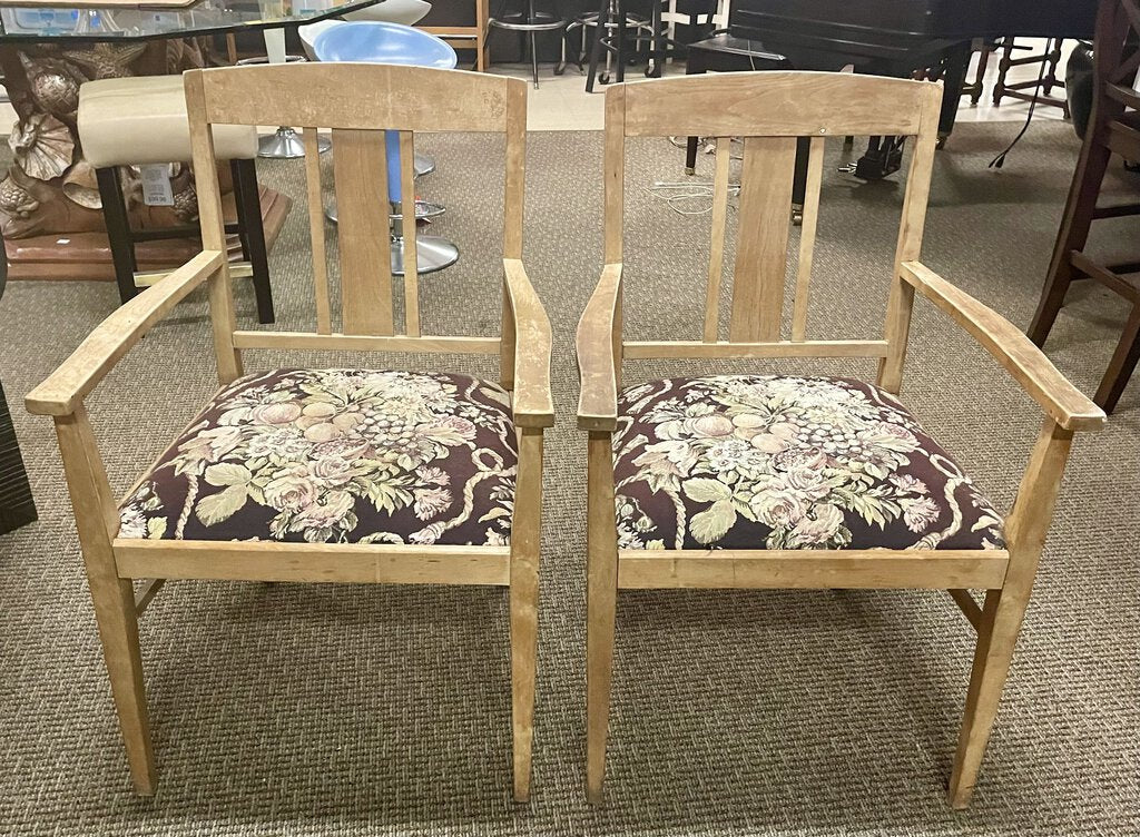 Antique Maple Stickley Style Chairs w/ Brocade Cushions(PAIR)
