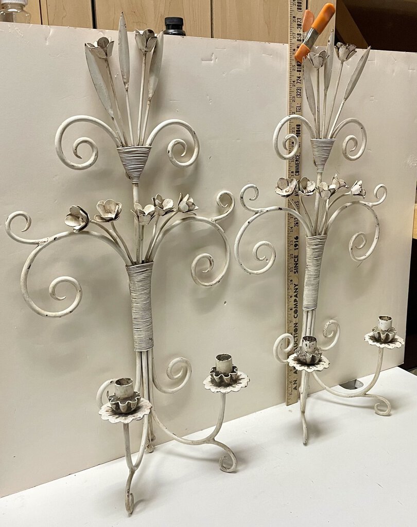 Wrought Iron Metal Flower Motif 2 Candle Wall Sconce (PAIR)