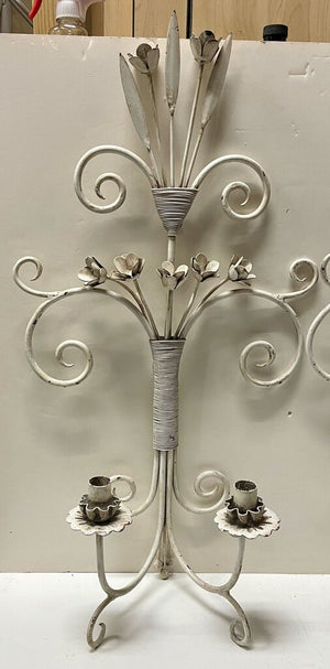 Wrought Iron Metal Flower Motif 2 Candle Wall Sconce (PAIR)
