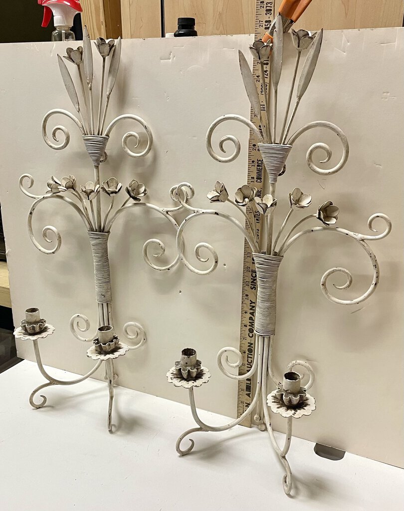 Wrought Iron Metal Flower Motif 2 Candle Wall Sconce (PAIR)