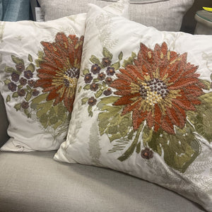 Pottery Barn Pair of Embroidered Rust Floral Pillows