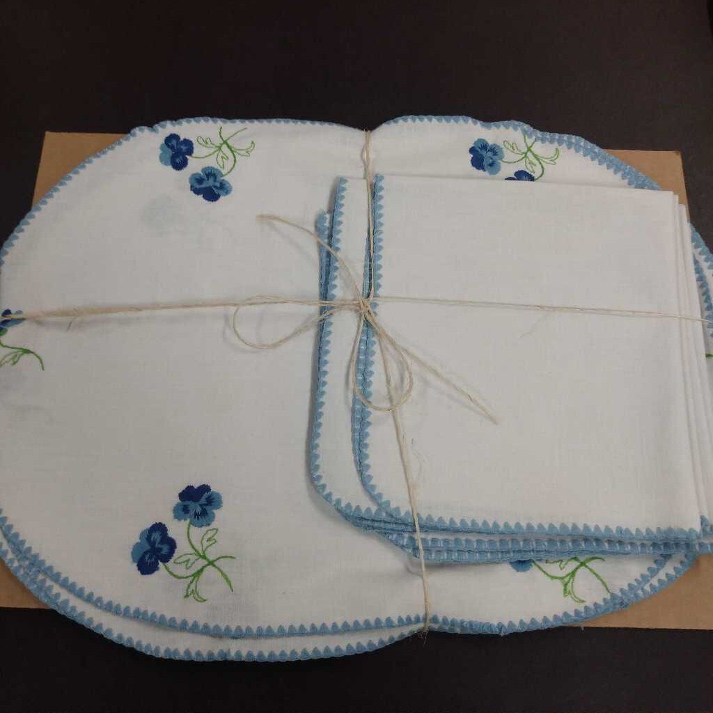 Blue Embroidered Pansy Linen Placemats 7 & Napkins 6-Ridley Tree Estate