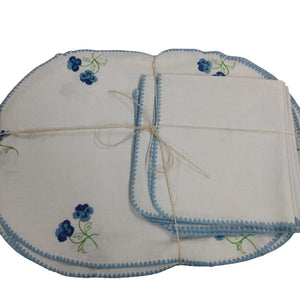 Blue Embroidered Pansy Linen Placemats 7 & Napkins 6-Ridley Tree Estate by Miss Daisy's Consignment & Auction House