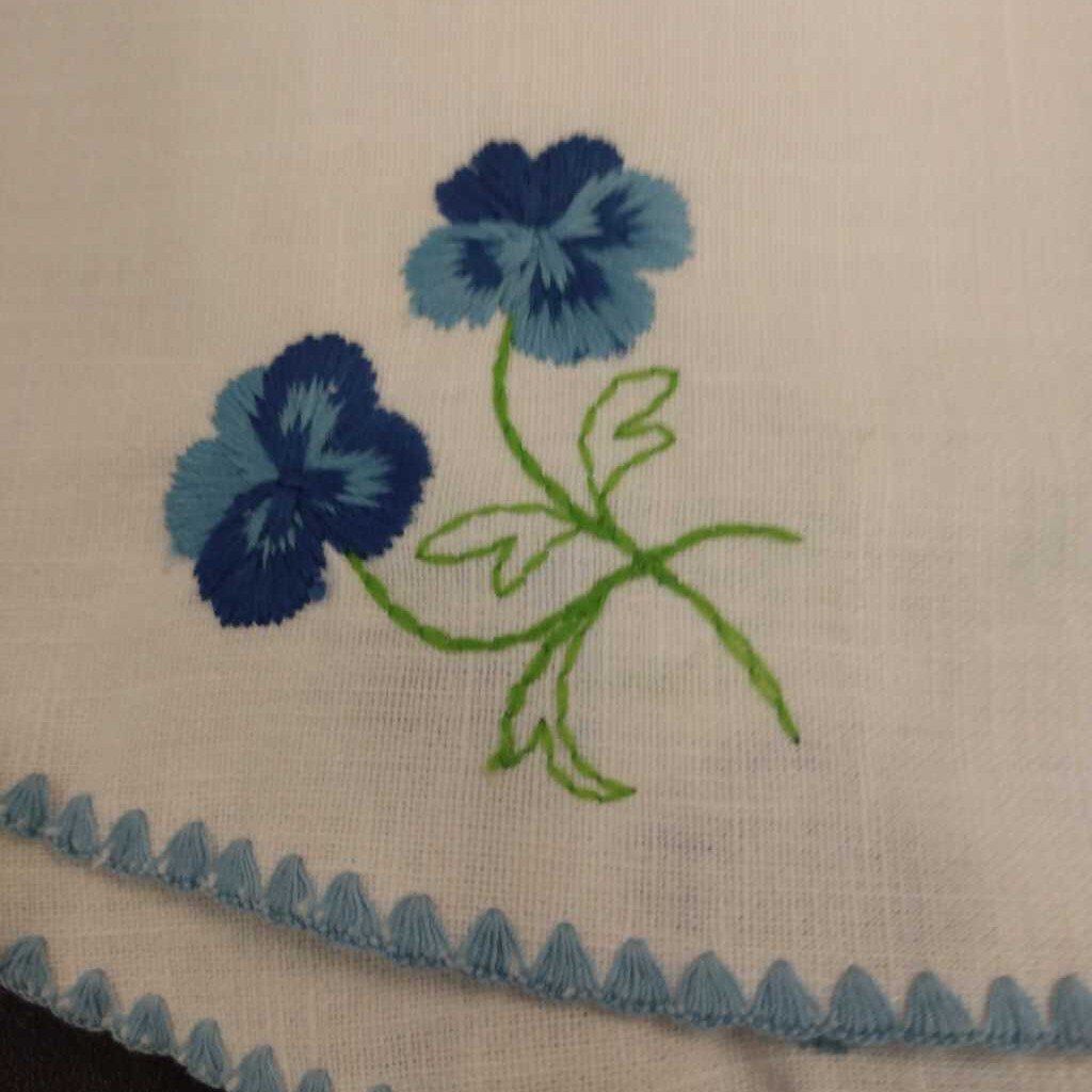 Blue Embroidered Pansy Linen Placemats 7 & Napkins 6-Ridley Tree Estate