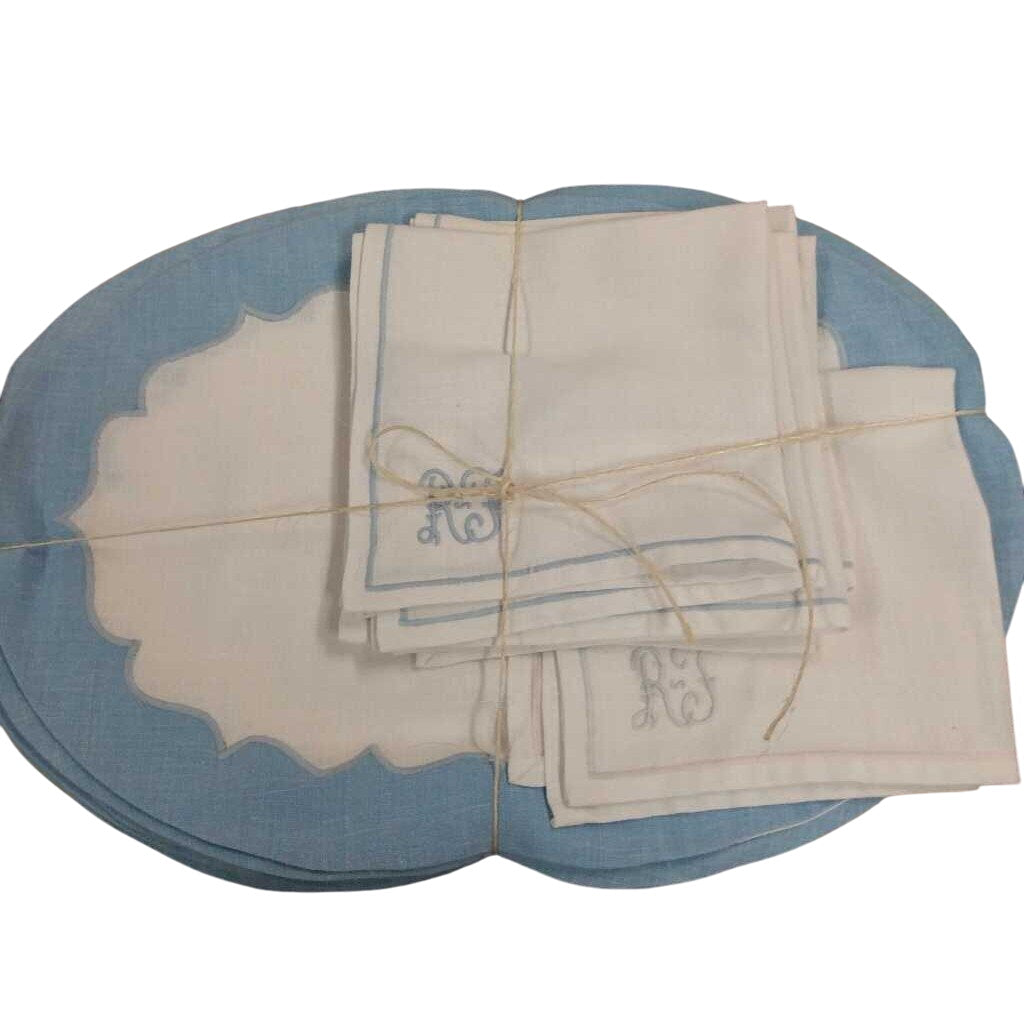 White w/ Blue Border Napkins 6 & Placemats 8-Ridley Tree Estate by Miss Daisy's Consignment & Auction House