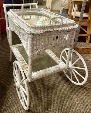 Antique Wicker 2 Tier Glass Serving Cart w/ Removable Tray