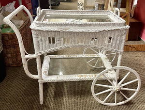 Antique Wicker 2 Tier Glass Serving Cart w/ Removable Tray