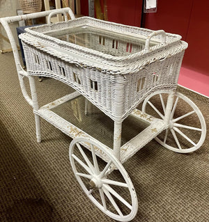 Antique Wicker 2 Tier Glass Serving Cart w/ Removable Tray