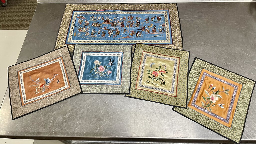 Vintage Asian Hand Embroidered Silk Panels (Set of 5)