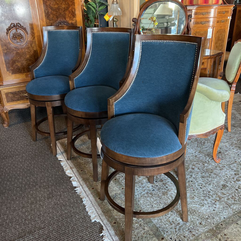 Set of 3 Custom Barstools Wood Velvet BLUE