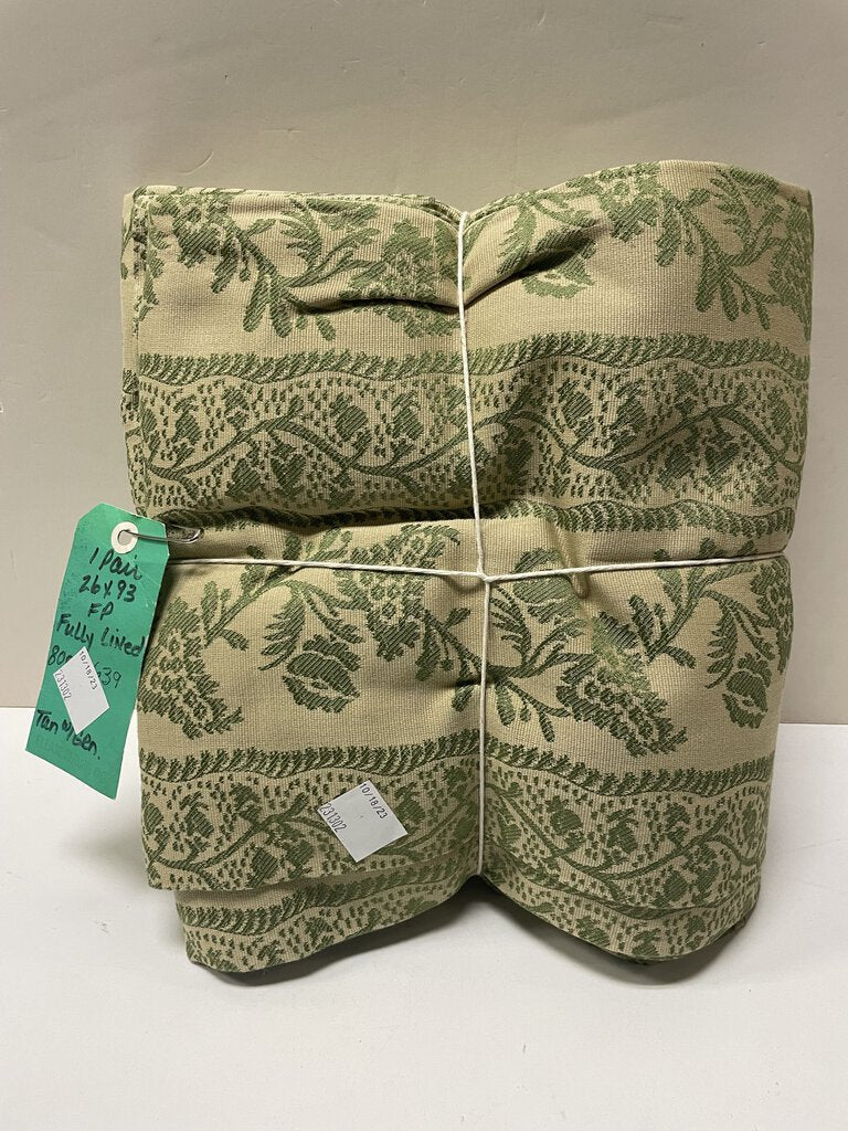 FP Tan Green Print Fully Lined Drapes 26 x 93 Pair