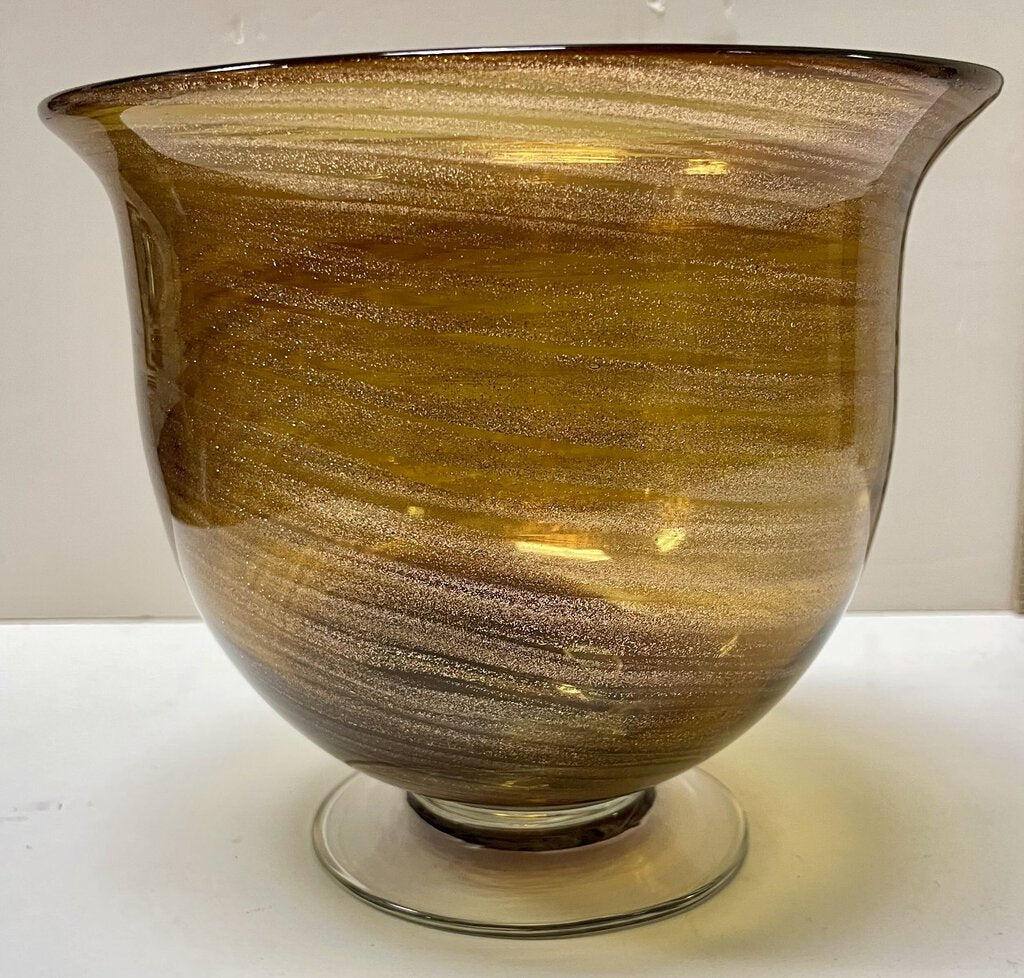 Amber Gold Glitter Swirl Wide Mouth Blown Glass Footed Vase