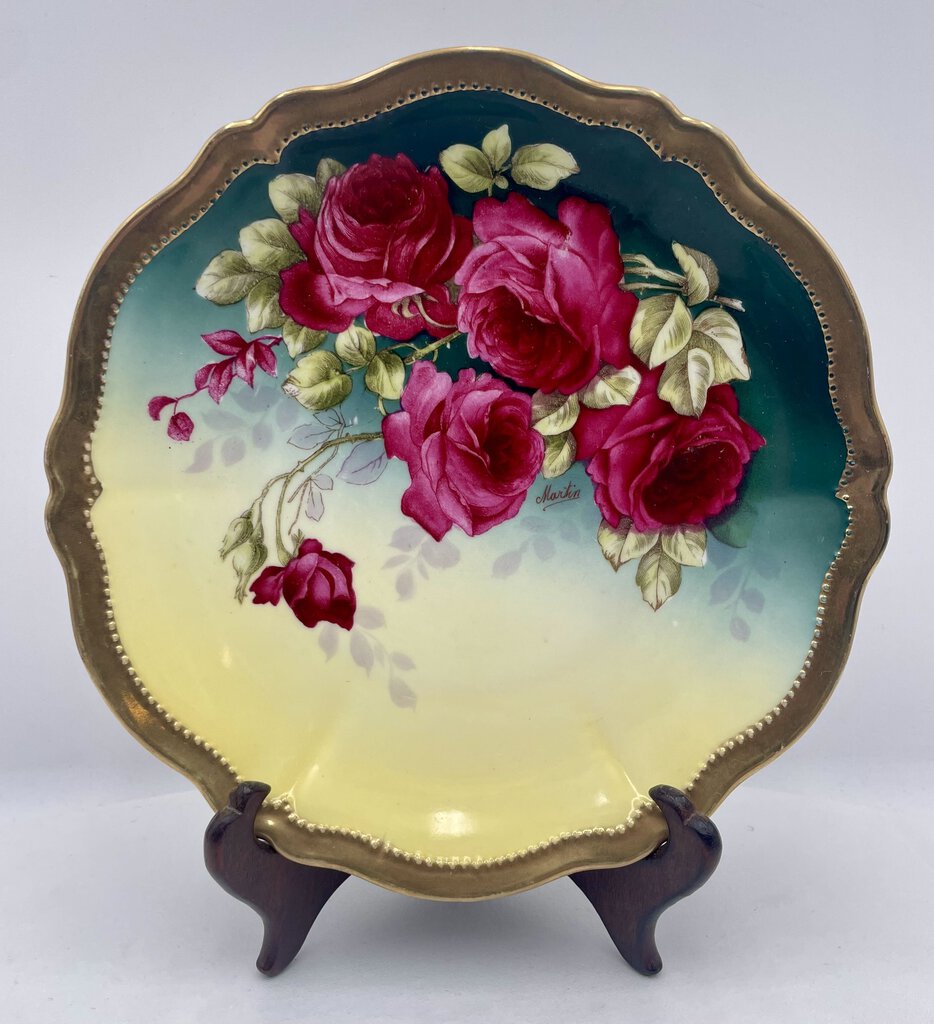Antique Rose Dubarry O.&E.G. Royal Austria Hand Painted Gilt Porcelain Plate signed Martin 8.75"