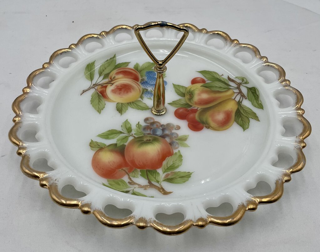 Vintage Trade Paper Co. Milk Glass Gilt Edged Hand Painted Center Handled Serving Platter 13"