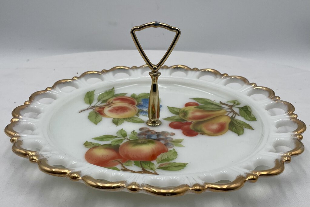 Vintage Trade Paper Co. Milk Glass Gilt Edged Hand Painted Center Handled Serving Platter 13"