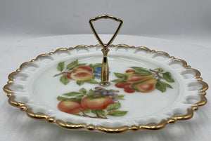 Vintage Trade Paper Co. Milk Glass Gilt Edged Hand Painted Center Handled Serving Platter 13"